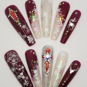 XXL Coffin-Ballerina Gel Press on Nails " Hello Winter "